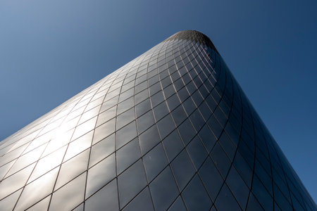 Tacoma, WA USA - circa August 2021: View of the cone outside of the Glass of Museum building in the...