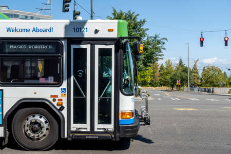 Tacoma, WA USA - circa August 2021: Street view of a Pierce Transit metro bus making its route downtown, heading toward Federal Way.のeditorial素材