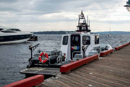 Kirkland, WA USA - circa August 2021: View of the King County Sheriff Marine Rescue boat parked at the dock.のeditorial素材