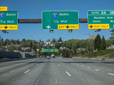 Seattle, WA USA - circa April 2021: View of the interstate i-5 in Seattle on a sunny day.のeditorial素材
