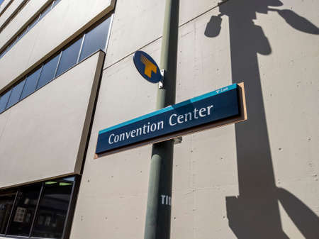 Tacoma, WA USA - circa August 2021: View of a downtown convention center sign in the city of Tacoma.のeditorial素材