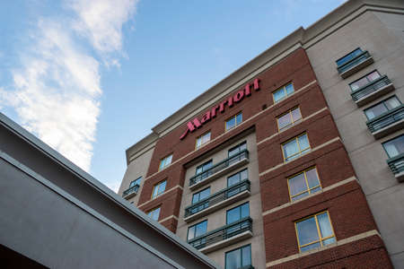 Remond, WA USA - circa August 2021: Low angle view of a Marriott hotel in the downtown area on a...