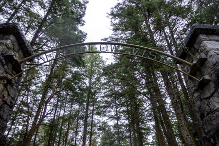 Friday Harbor, WA USA - circa November 2021: Low angle view of the Afterglow Vista gated entrance to the mausoleum on a rainy, overcast day.のeditorial素材