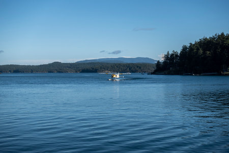 Friday Harbor, WA USA - circa November 2021: View of a sea plane landing at the harbor on San Juan...