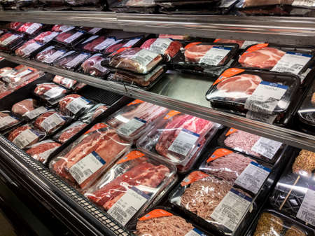 Kirkland, WA USA - circa January 2022: Angled view of delicious, fresh meat inside a PCC grocery store.のeditorial素材