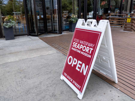 Tacoma, WA USA - circa August 2021: Angled view of the entrance sign for the Foss Waterway Seaport Museum.のeditorial素材