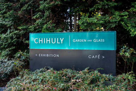 Seattle, WA USA - circa March 2022: Angled view of the entrance sign for Chihuly Garden in the downtown area near the Space Needle.のeditorial素材