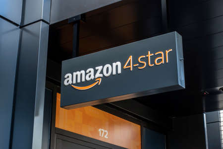 Kirkland, WA USA - circa September 2021: Low angle view of the entrance to an Amazon 4 Star store in...
