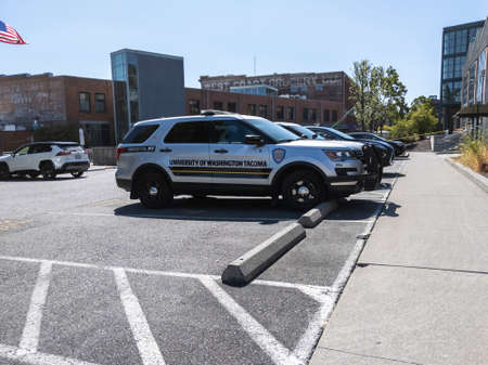 Tacoma, WA USA - circa August 2021: Angled view of a University of Washington campus security...