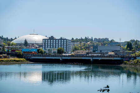 Tacoma, WA USA - circa August 2021: View of the Tacoma Dome in the distance background across the harbor.のeditorial素材