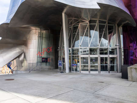 Seattle, WA USA - circa March 2022: View of the empty entrance to the Museum of Pop Culture in...