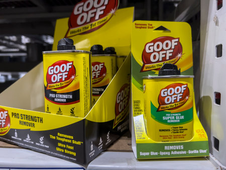 Seattle, WA USA - circa June 2022: Close up view of Goof Off products for sale inside a Lowe's home improvement store.のeditorial素材