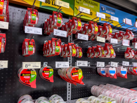 Mill Creek, WA USA - circa June 2022: Angled view of packing tape for sale inside a Staples store.のeditorial素材