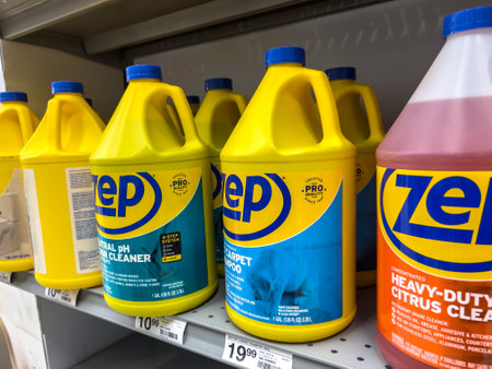 Mill Creek, WA USA - circa June 2022: Angled view of Zep specialty cleaning products for sale inside a Staples storeのeditorial素材