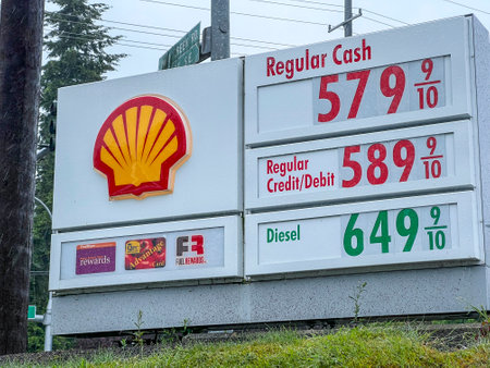 Seattle, WA USA - circa June 2022: Close up view of gas price inflation at a Shell gas station...