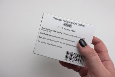 Seattle, WA USA - circa July 2022: Close up, selective focus on Eletriptan medication against a white background.のeditorial素材