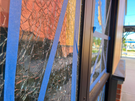 Close up, selective focus on shattered glass taped up with blue tape outside a business on a sunny...