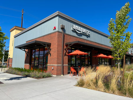 Mill Creek, WA USA - circa August 2022: Angled view of the entrance to the recently opened Amazon Go in the Mill Creek area on a bright, sunny day.のeditorial素材