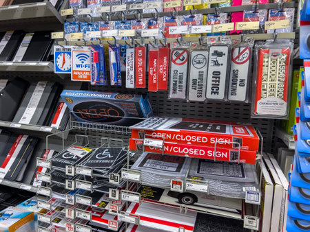 Seattle, WA USA - circa November 2022: Wide view of business and office signs for sale inside a...