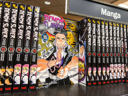 Seattle, WA USA - circa November 2022: Close up view of Demon Slayer manga for sale inside a bookstore.のeditorial素材