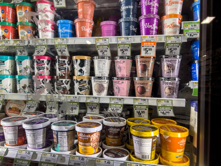 Mill Creek, WA USA - circa September 2022: Wide view of ice cream products for sale inside a Sprouts Market.のeditorial素材