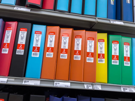 Seattle, WA USA - circa November 2022: Angled view of a variety of binders for sale inside a Staples...