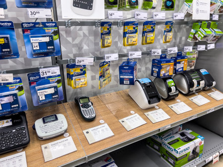Seattle, WA USA - circa November 2022: Close up view of label makers for sale inside a Staples store