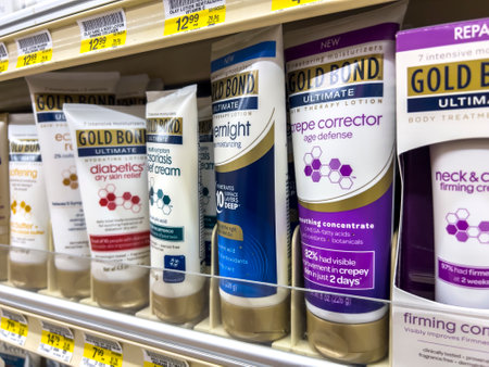 Seattle, WA USA - circa August 2022: Selective focus on Gold Bond brand lotions for sale inside a Safeway grocery store.のeditorial素材