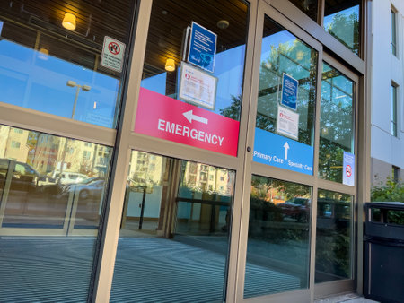 Everett, WA USA - circa November 2022: Close up view of the entrance doors of Swedish Mill Creek hospital.の写真素材