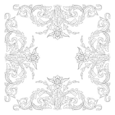 Vintage baroque frame scroll ornament engraving border floral retro pattern antique style acanthus foliage swirl decorative design element filigree calligraphy vectorのイラスト素材