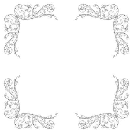 Vintage baroque frame scroll ornament engraving border floral retro pattern antique style acanthus foliage swirl decorative design element filigree calligraphy vector.のイラスト素材
