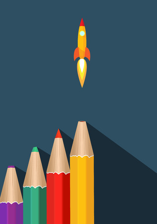 Color pensil with rocket lauch. Concept of creative start up, creatively fuel, business launching or idea launching. Modern flat design.の写真素材