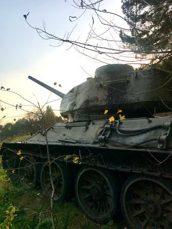 World War II tank in the Valley of Death in Slovakia. The outdoor complex of the natural Dukla battlefield. A tank company is positioned in the field here in an attack.の写真素材