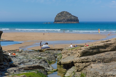 Trebarwith Strand beach and Gull Rock Cornwall near Tintagel England UK