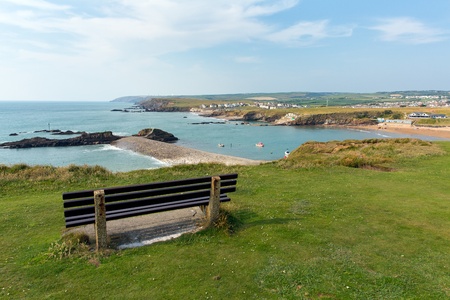 View of Bude beach and coast Cornwall England UKの写真素材