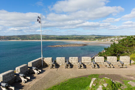 View from St Michaels Mount Marazion Cornwall England UK medieval castle and church on an island in Mounts Bay のeditorial素材