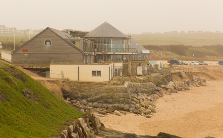 FISTRAL BEACH NEWQUAY CORNWALL-MARCH 14TH 2014   The damage caused to the café and retail units on Fistral beach by the storms of 3rd January 2014 remains unrepaired with the Easter tourist season rapidly approachingのeditorial素材