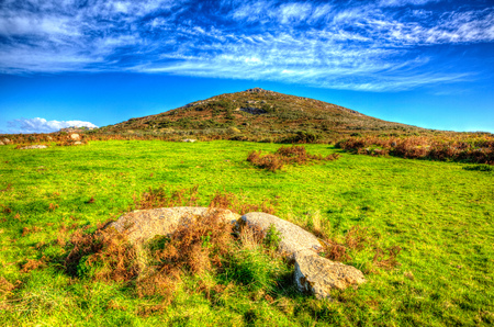 Cornwall countryside Zennor near St Ives England UK with blue sky and clouds in HDRの写真素材