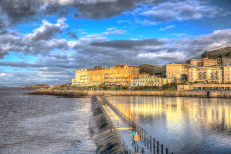 Marine Lake in Weston-super-Mare Somerset England on a sunny morning in colourful HDRの写真素材