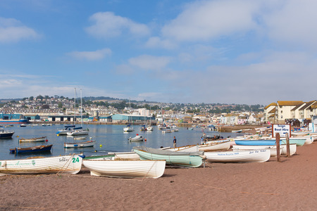 Teign river Teignmouth Devon tourist town with blue sky a colourful traditional English coastal scene のeditorial素材