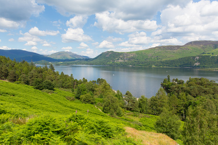 View across Derwent Water to Castlerigg Fell and Bleaberry Fell Lake District England UKの写真素材