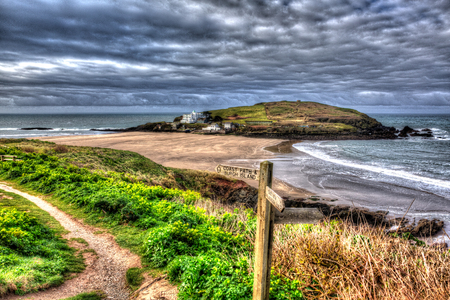 Coast path sign Burgh Island South Devon England uk near Bigbury-on-sea on in bright vivid colourful HDR like paintingのeditorial素材