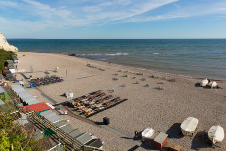 Beer beach Devon England UK with boats people and fishing equipment on the Jurassic Coast a World Heritage Siteのeditorial素材