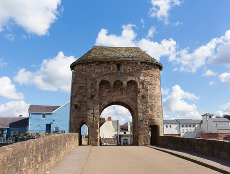 Monnow Bridge Monmouth Wales uk medieval fortified river bridge and tourist attraction in the Wye...