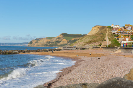 West Bay Dorset uk beach and coastal view to Golden Capの写真素材