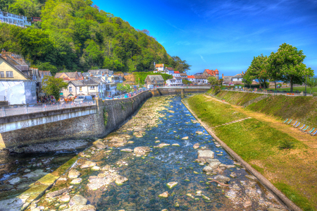 Lynmouth Devon UK river in town in colourful hdrの写真素材