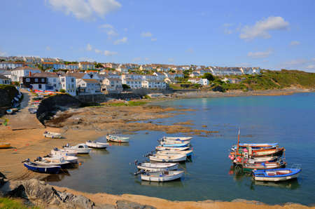 Portscatho Cornwall Roseland Peninsula harbour with boats Cornish coast of England UKの写真素材