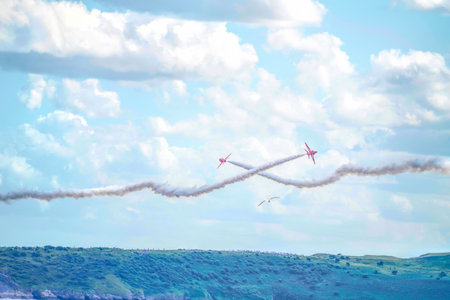 The Red Arrows Weston Air Festival in beautiful blue sky Weston-super-Mare, Somerset on Sunday 26th June 2022のeditorial素材
