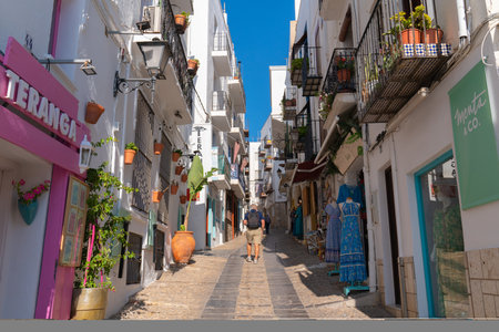 Peniscola old town narrow streets and shops within the castle walls Castellon province Costa del Azahar Spainのeditorial素材