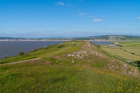 Brean Down peninsula view to Weston-super-mare beach Somerset England UKの写真素材